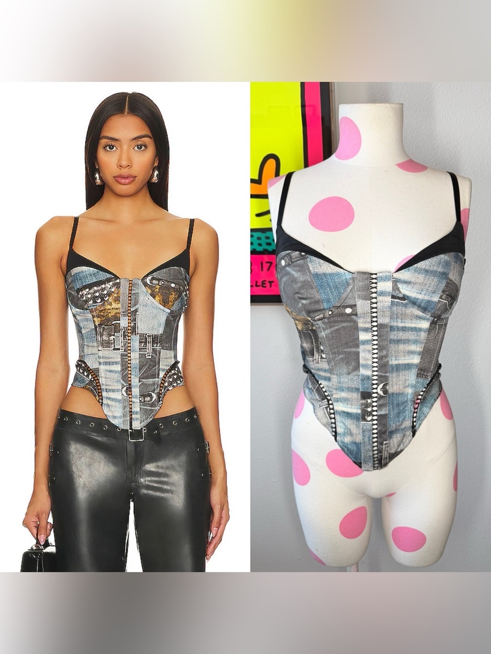 Miaou Cristina Patchwork Print Corset Top in Denim Suede Print Size XS
